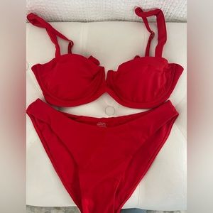 Monday Swimwear Clovely top and seychelles bottoms in paprika color